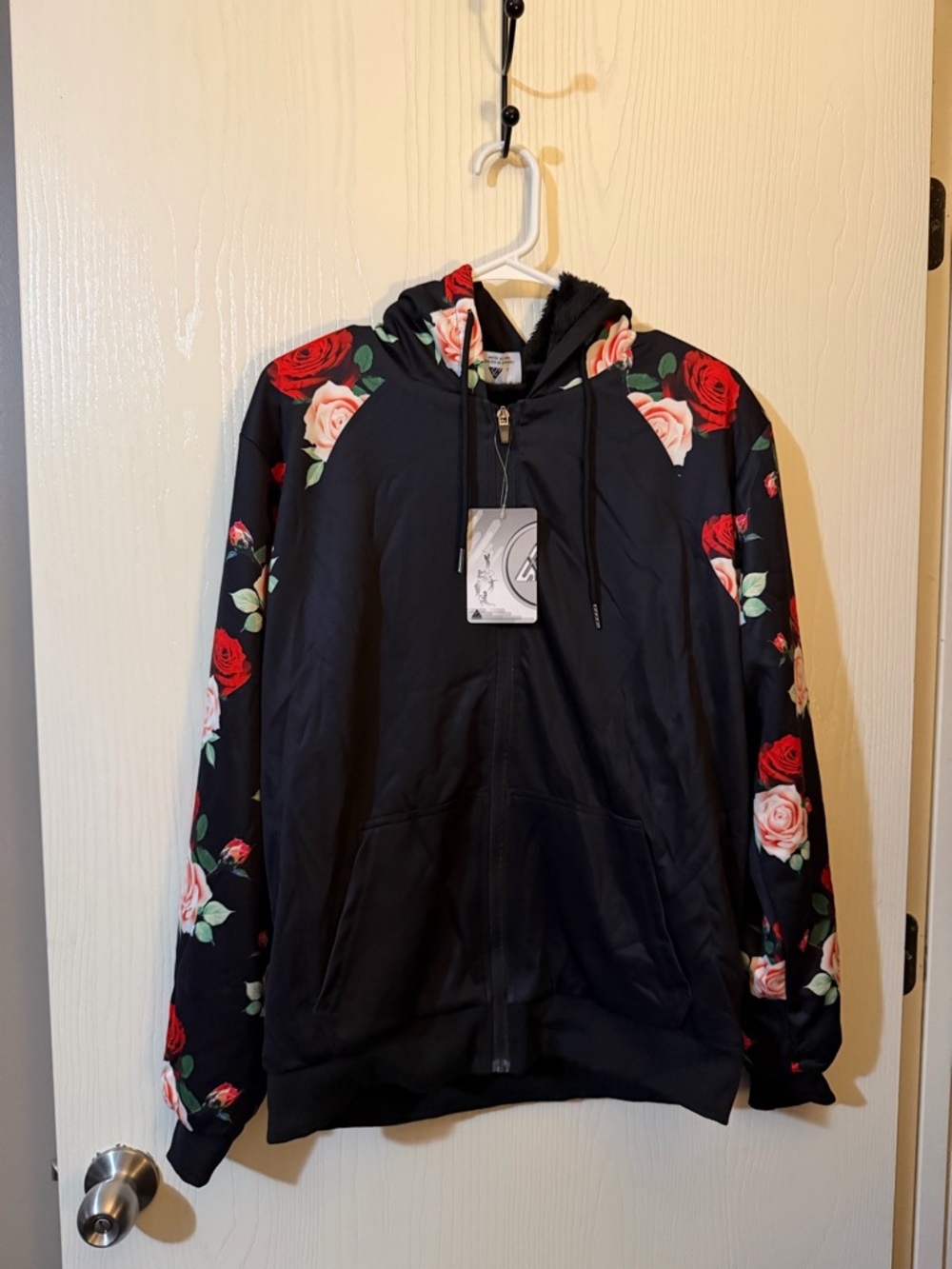Womens Black Zip Hoodie with Red & Pink Rose Sleeve Print Size Large NWT